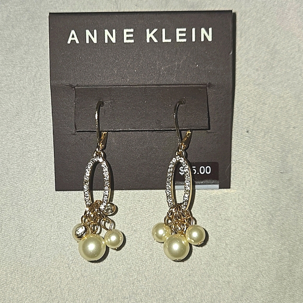 Anne Klein lever back, pearl, rhinestone, gold tone dangle earrings, New